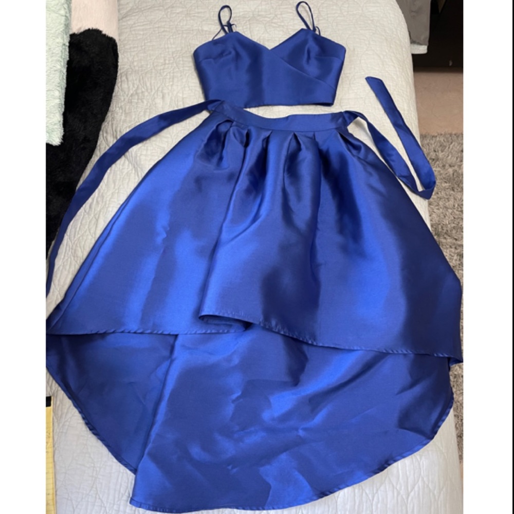 Blue, high waisted skirt, cropped top gown set.